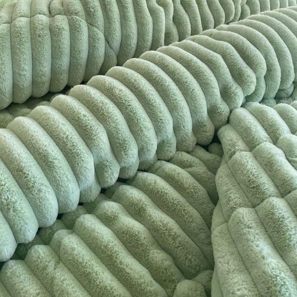 Mint Green Soft Faux Fur Bedding Set Striped Comforter Shams King Size Bed New - Picture 9 of 10